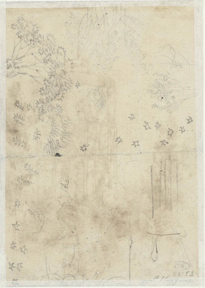 Schetsblad met bomen en sterren by anonymous, drawing, 1700-1800