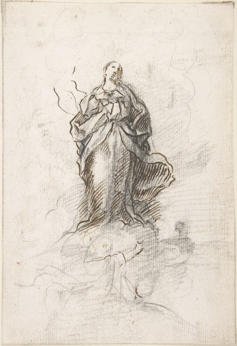 Virgin of the Immaculate Conception Standing on Clouds by Pedro Duque Cornejo, drawing, 1695-1755