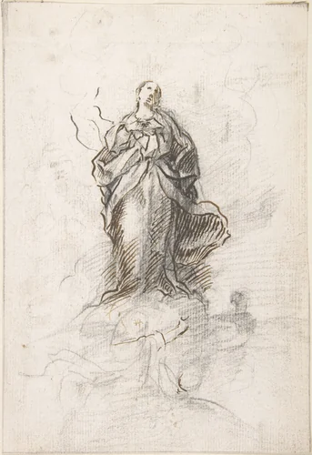 Virgin of the Immaculate Conception Standing on Clouds by Pedro Duque Cornejo, drawing, 1695-1755