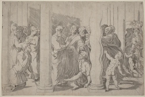 Saints Peter and John Healing the Lame Man at the Golden Gate by Parmigianino; Raphael, print, 1522-1532