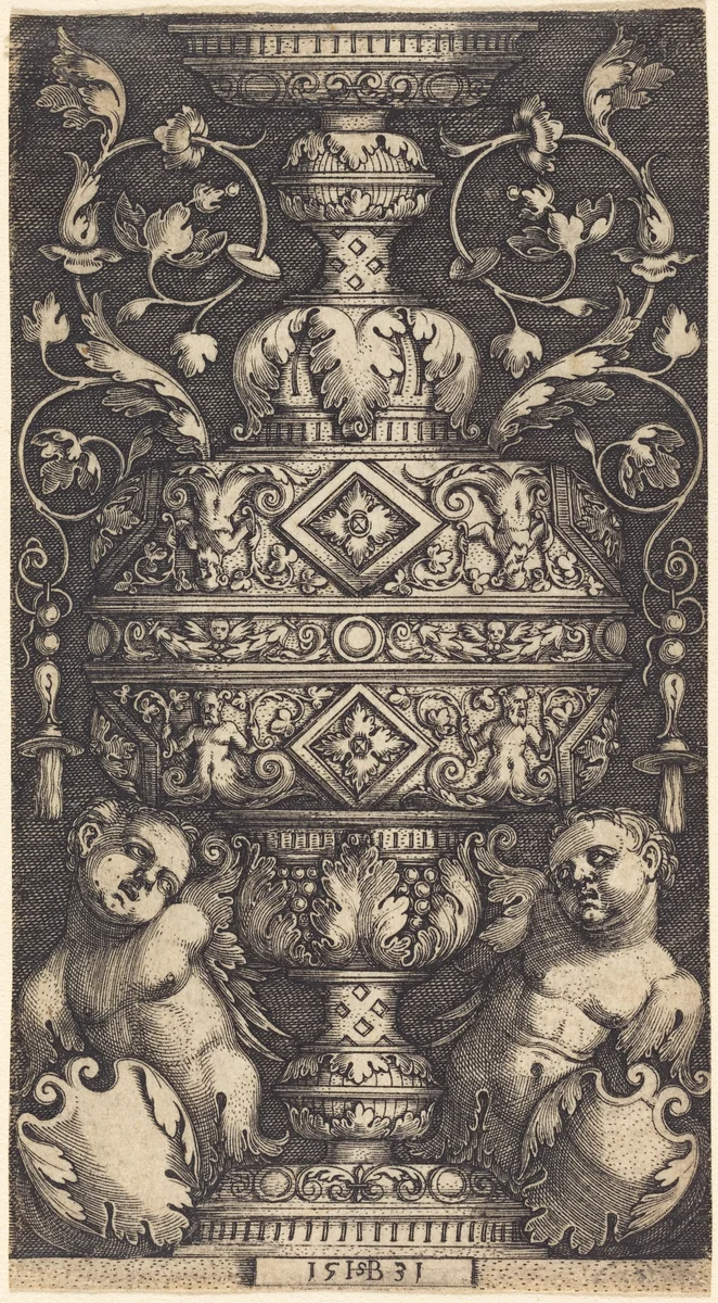 Double Goblet with Two Genii at the Base by Sebald Beham, print, 1531
