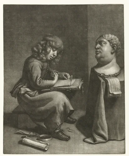 Jongen tekent een pleisterbuste by Wallerant Vaillant, print, 1658-1677