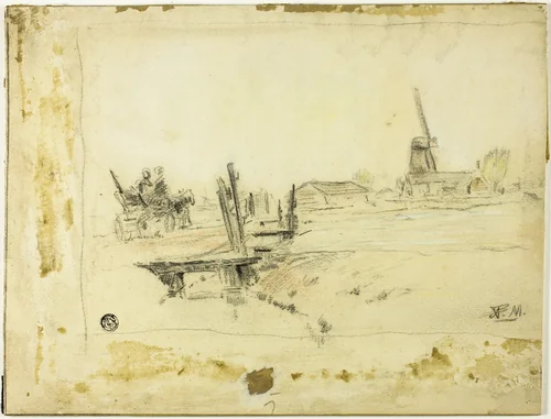 Dutch Landscape: Horse and Wagon Crossing Bridge Towards Windmill by Anton Mauve, drawing, 1858-1888