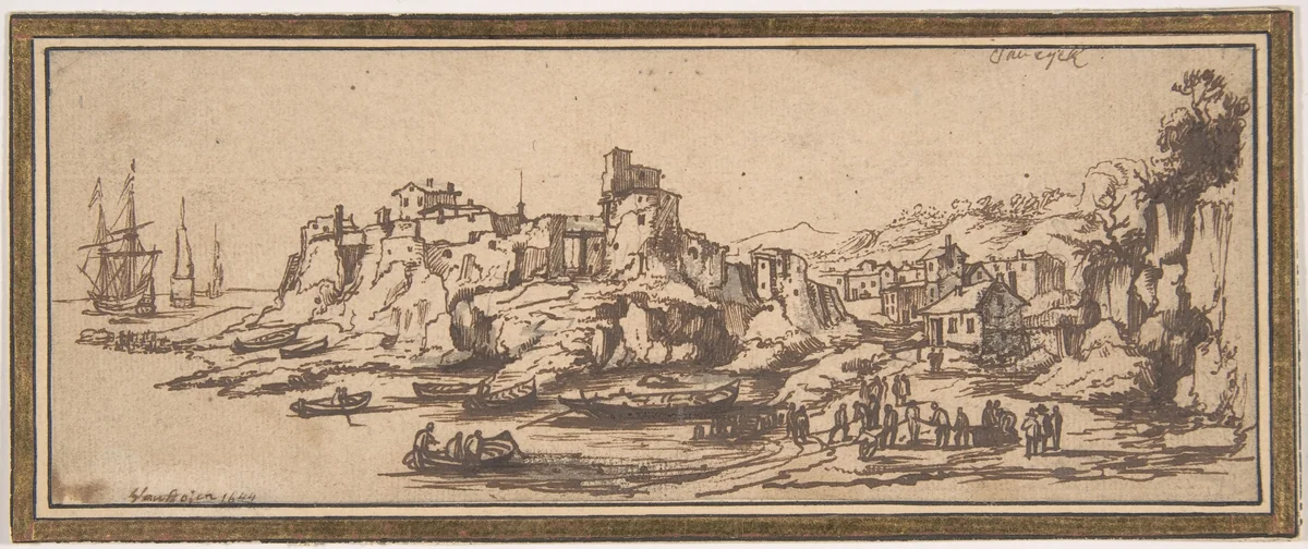 View of an Italian Coastal Village with Boats Landing on a Beach by Casper van Eyck, drawing, 1625-1673