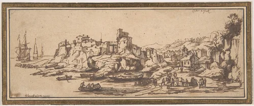 View of an Italian Coastal Village with Boats Landing on a Beach by Casper van Eyck, drawing, 1625-1673