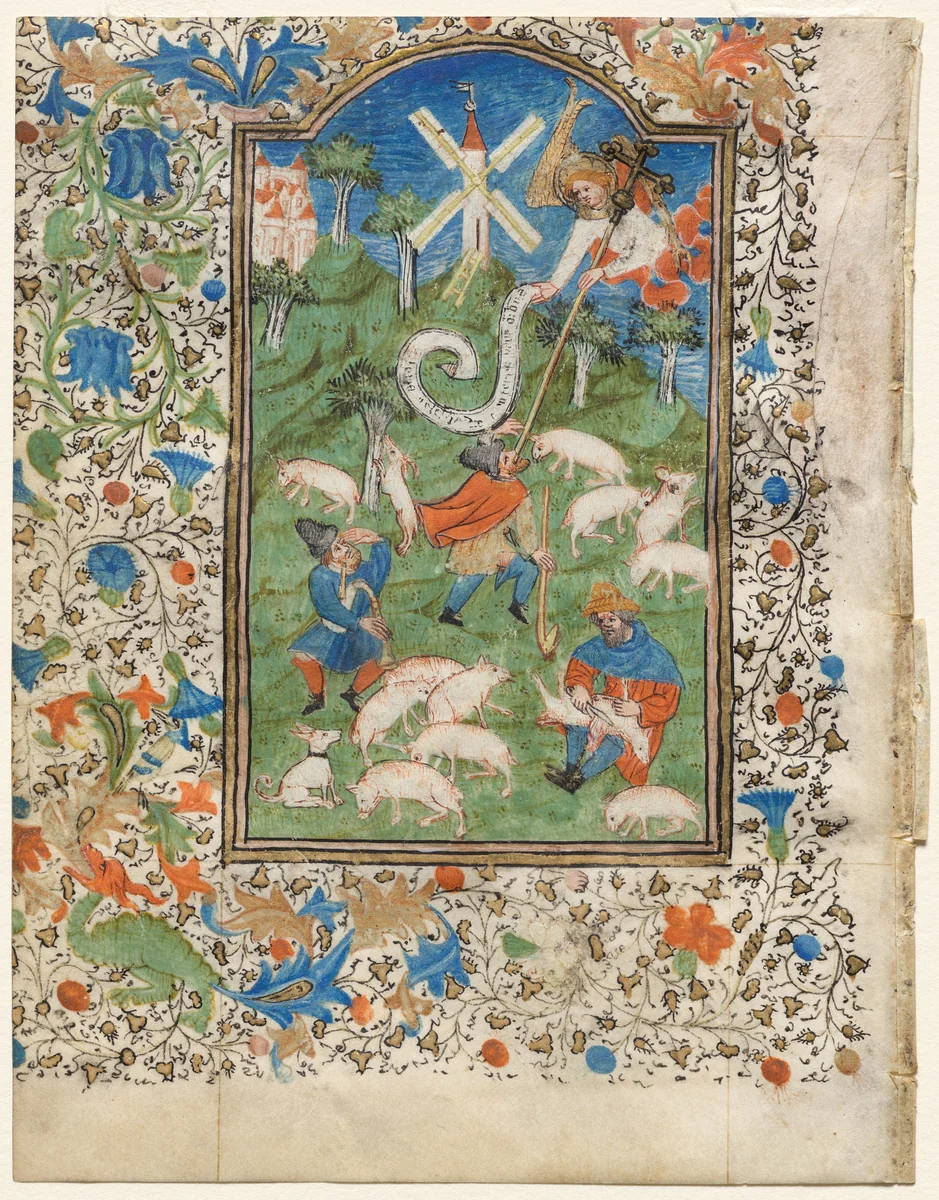 Annunciation to the Shepherds: Leaf from a Book of Hours (1 of 6 Excised Leaves) by Henri d'Orquevaulx, manuscript, 1415-1435
