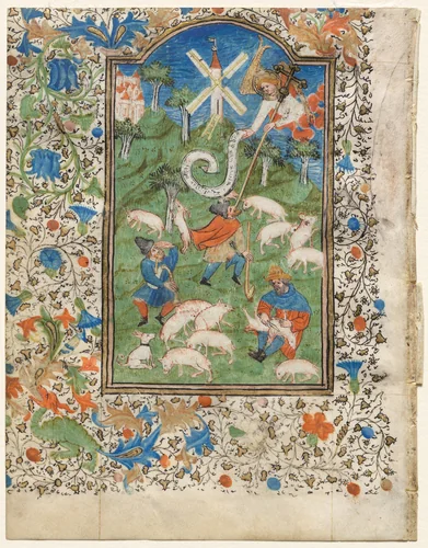 Annunciation to the Shepherds: Leaf from a Book of Hours (1 of 6 Excised Leaves) by Henri d'Orquevaulx, manuscript, 1415-1435