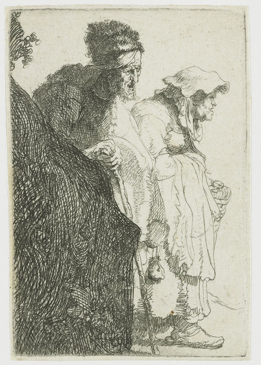 Bedelaar en bedelares die achter een heuveltje vandaan komen by Rembrandt van Rijn, print, 1630