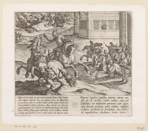 Alvar Sanchez beledigt Gonzalo Gomez en wordt door hem verslagen by Antonio Tempesta, print, 1612
