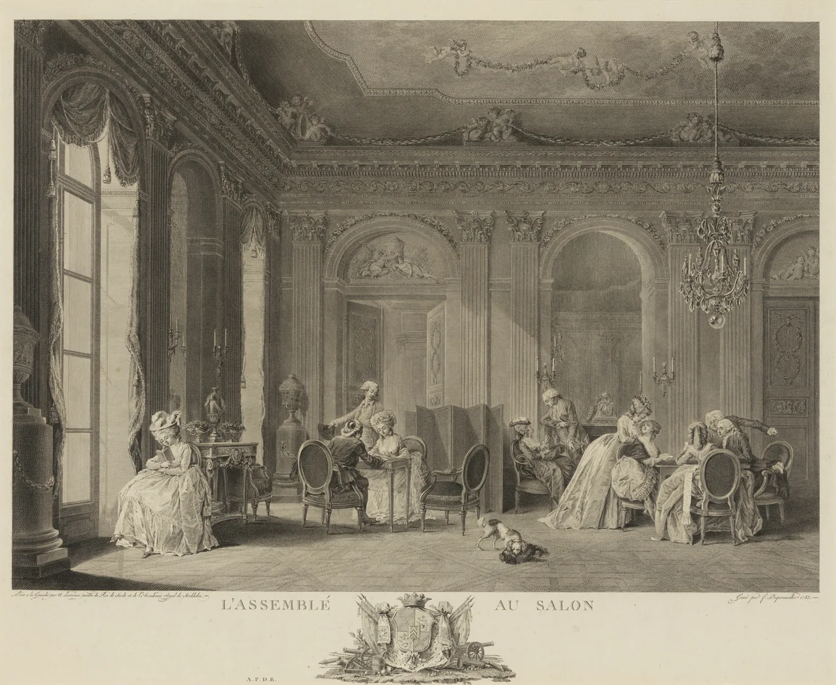 L'Assemblee au Salon by François Nicolas Barthélemy Dequevauviller, print, 1755-1807