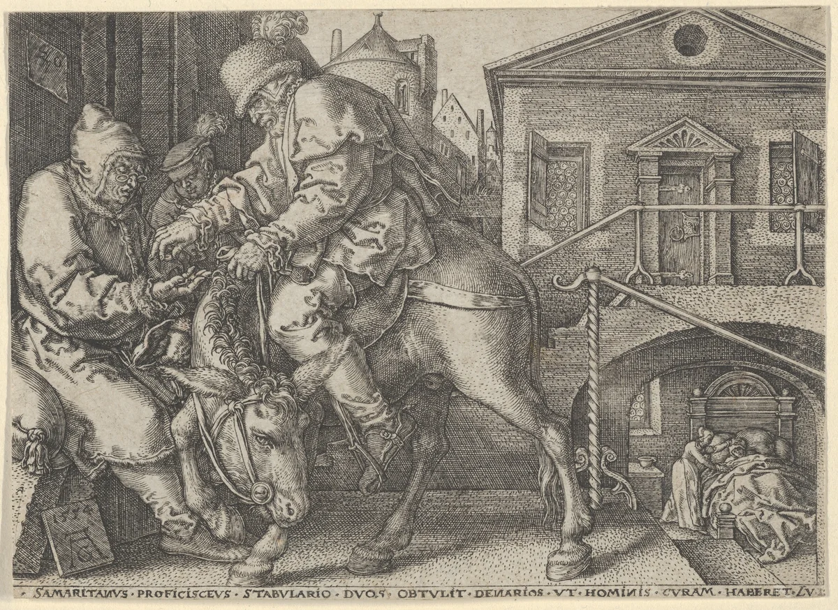 The Good Samaritan Paying the Innkeeper for the Care of the Wounded Man, from "The Parable of the Good Samaritan" by Heinrich Aldegrever, print, 1554