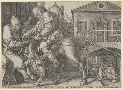 The Good Samaritan Paying the Innkeeper for the Care of the Wounded Man, from "The Parable of the Good Samaritan" by Heinrich Aldegrever, print, 1554