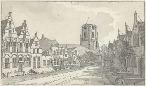 Gezicht door de Kerkstraat op de kerk te Workum by Jan de Beijer, drawing, 1713-1780