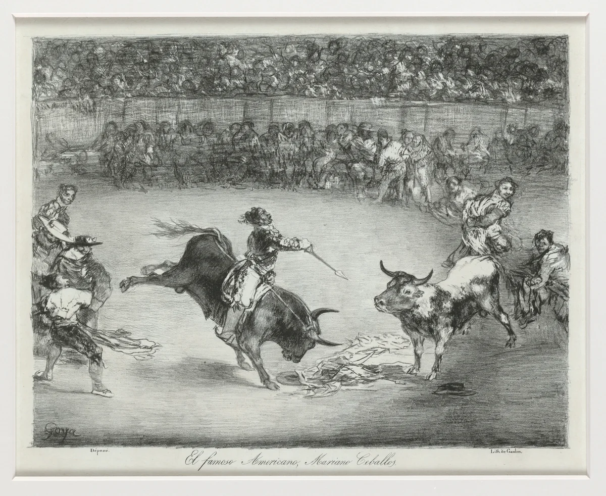 Mariano Ceballos riding a bull from the 'Bulls of Bordeaux' by Goya, print, 1825