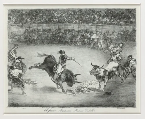 Mariano Ceballos riding a bull from the 'Bulls of Bordeaux' by Goya, print, 1825