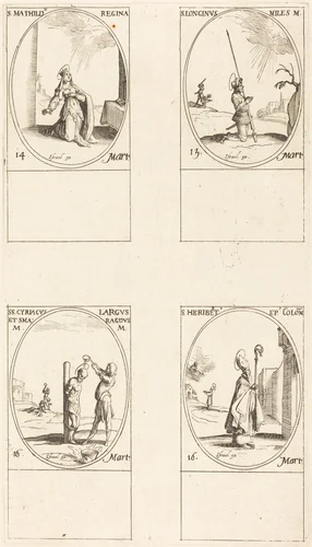 St. Matilda; St. Longinus; St. Cyriacus; St. Heribert by Jacques Callot, print, 1627-1637
