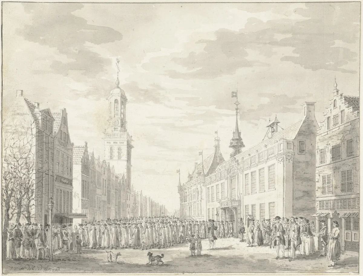 Magistraat van Kampen onderweg naar de keurpredikatie, 1760 by Willem Writs, drawing, 1763