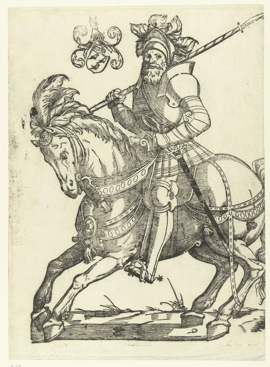 Portret van Maarten van Rossum te paard by Cornelis Anthonisz, print, 1540-1542