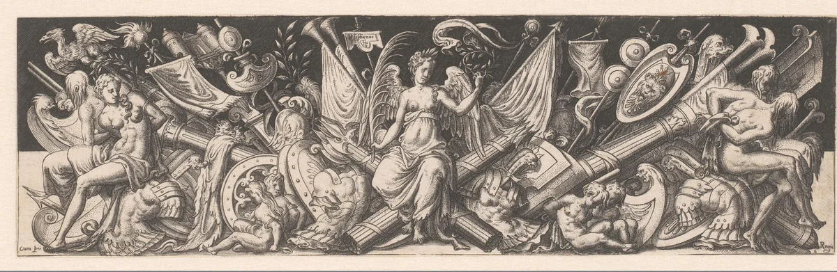Victorie gezeten op oorlogstrofeeën by Unknown, print, 1528-1583