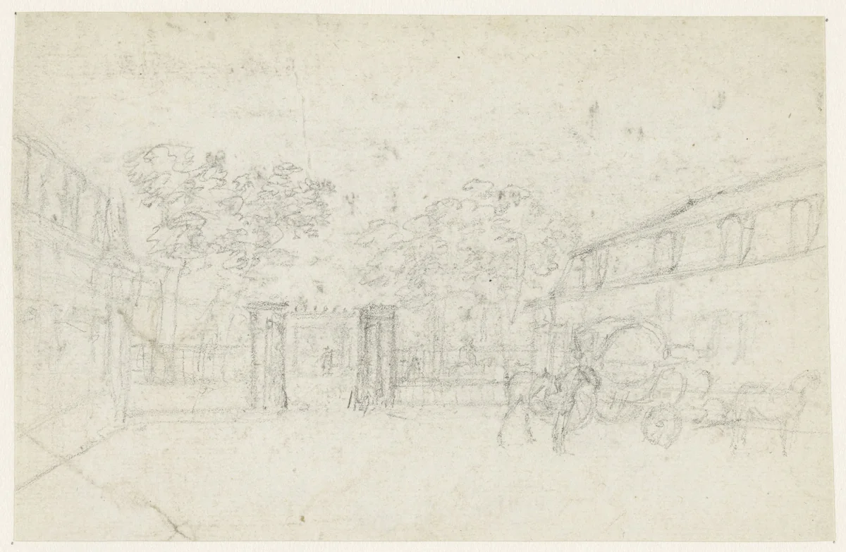 Postkoets bij een hek tussen twee gebouwen by Georges Michel, drawing, 1773-1843
