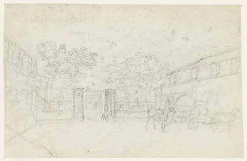 Postkoets bij een hek tussen twee gebouwen by Georges Michel, drawing, 1773-1843