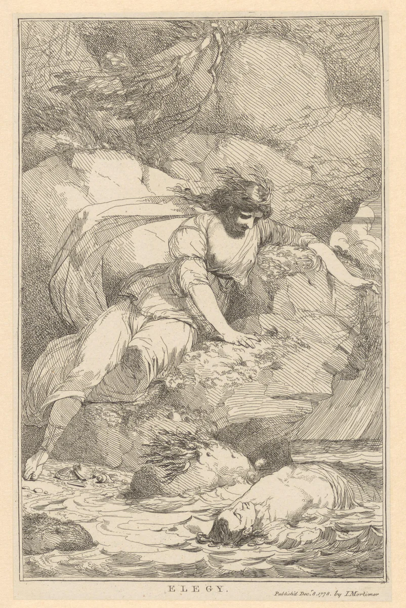 Vrouw zit op een rots aan het strand en rouwt om een verdronken man by John Hamilton Mortimer, print, 1778