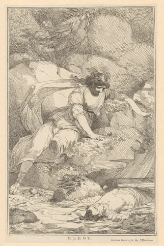 Vrouw zit op een rots aan het strand en rouwt om een verdronken man by John Hamilton Mortimer, print, 1778