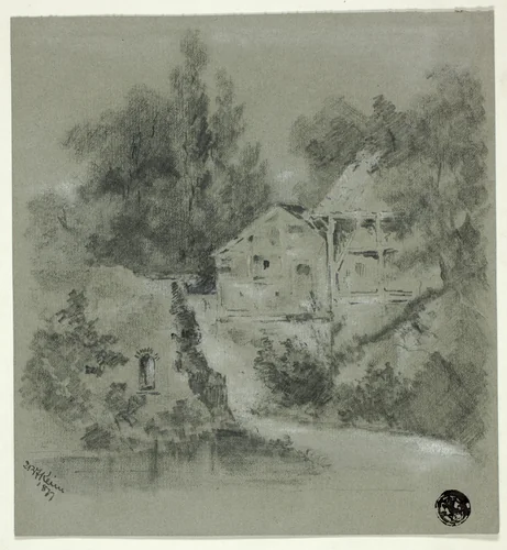 Houses and Ruined Wall Overlooking River by I. B. F. Keim, drawing, 1877