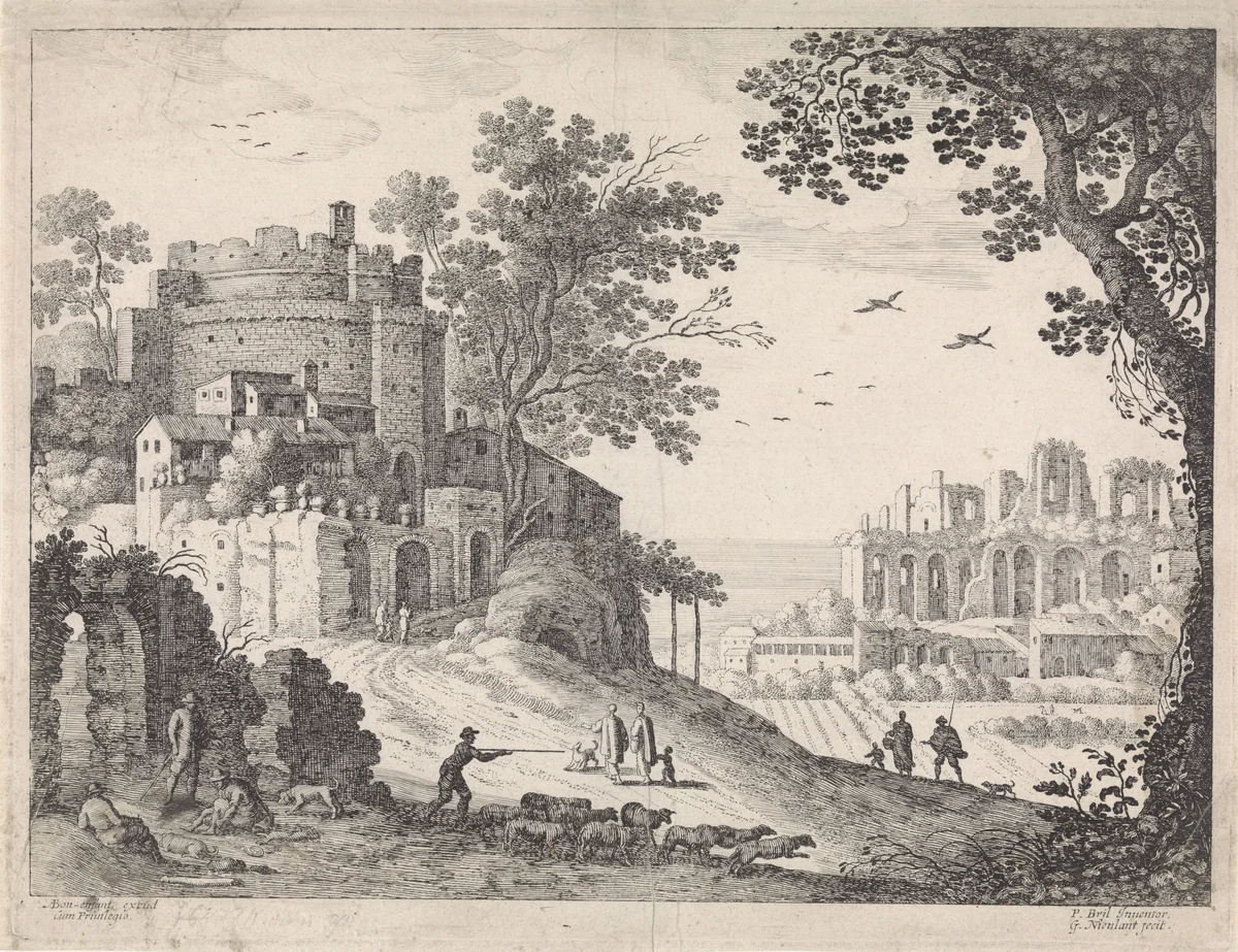 Gebouwen langs een weg by Unknown, print, 1594-1635