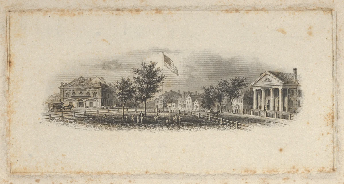 Banknote vignette showing city buildings around a fenced-in green with children playing around an American flag by Asher Brown Durand, print, 1819-1837