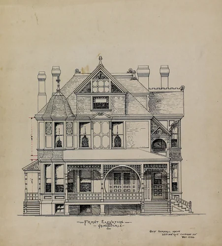 Presentation Design Drawings, Residence for Dr. Stratford, Chicago, Illinois, Front Elevation by George Gorball, drawing, 1886