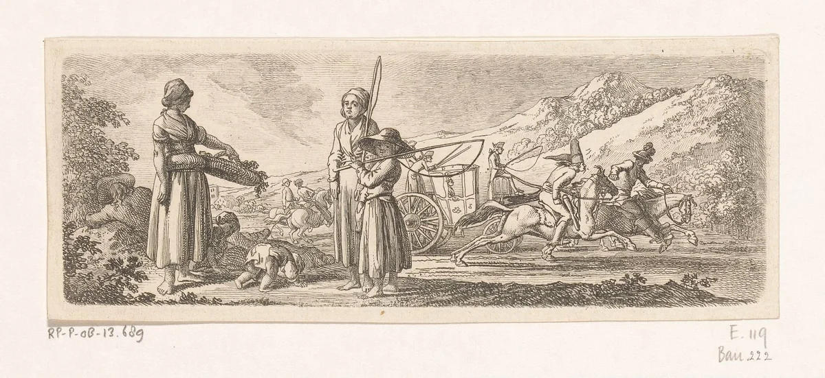 Bergachtig landschap met koets by Daniel Nikolaus Chodowiecki, print, 1775