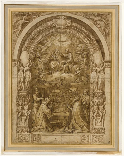 Coronation of the Virgin, with the Martyrdom of Saint Lawrence by Federico Zuccaro, drawing, 1565-1575