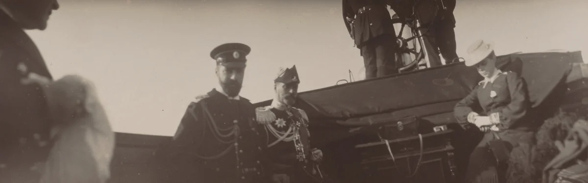 Grand Duke Alexander Mikhailovic, Admiral Rozhdestvenskii and the Grand Duchess Xenia Alexandrovna on a Boat, Reval by Unidentified Photographer, photograph, 1904