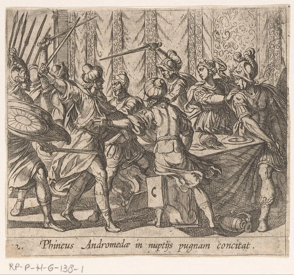 Phineus verstoort de bruiloft van Perseus en Andromeda by Antonio Tempesta, print, 1606-1638