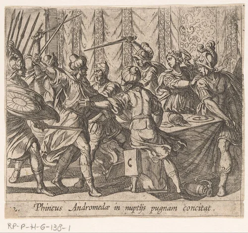 Phineus verstoort de bruiloft van Perseus en Andromeda by Antonio Tempesta, print, 1606-1638