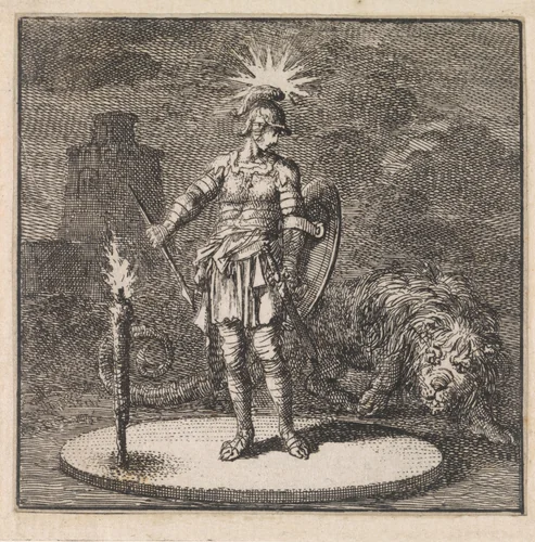 Romeinse soldaat wordt beslopen door een leeuw by Jan Luyken, print, 1710