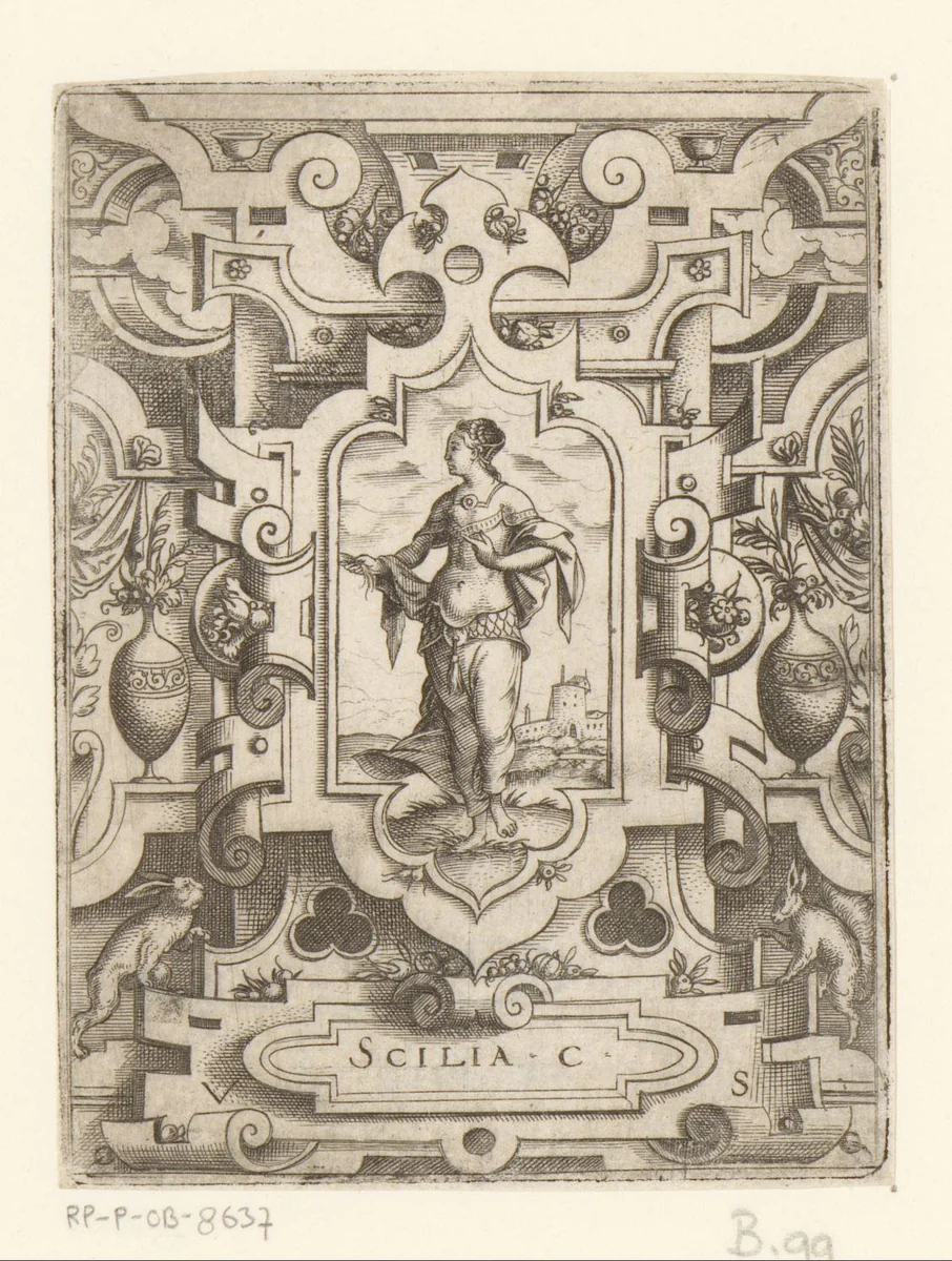 Scylla in een rolwerk omlijsting by Unknown, print, 1524-1562