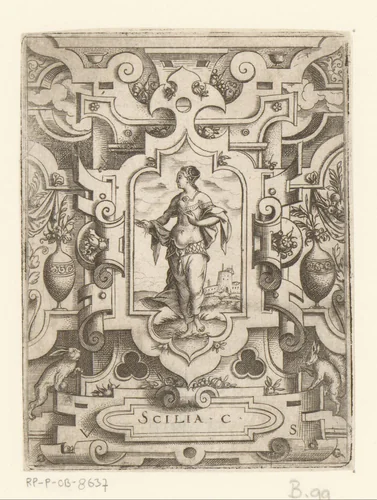 Scylla in een rolwerk omlijsting by Unknown, print, 1524-1562