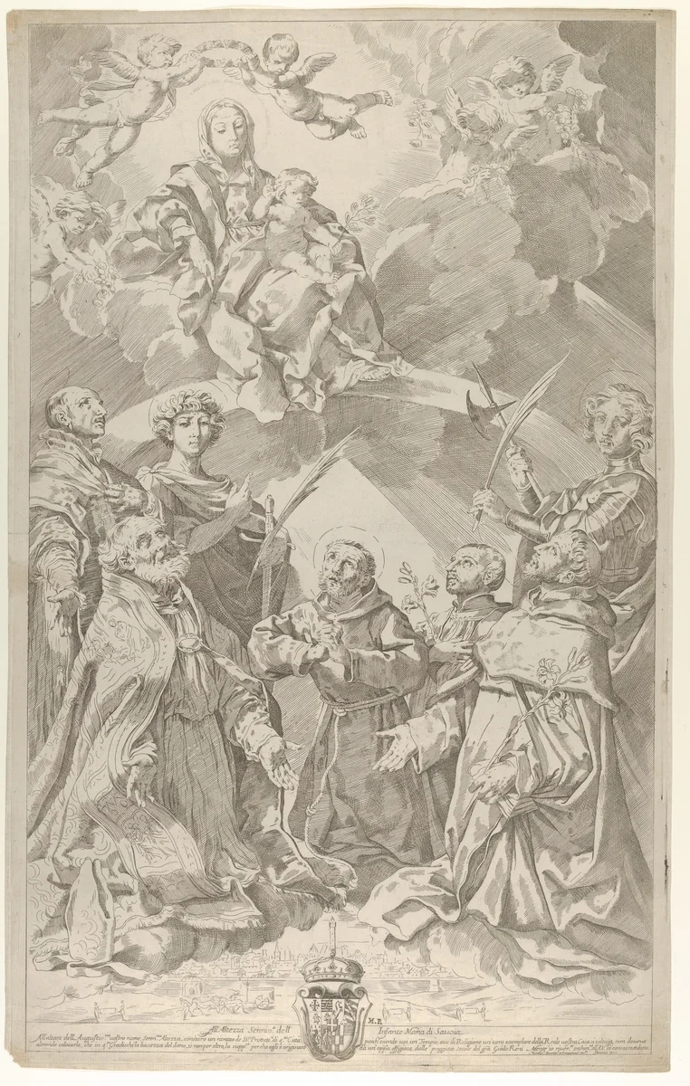 Patron saints of Bologna looking upwards at the Virgin who is seated in the clouds with the infant Christ on her lap by Flaminio Torre, print, 1640-1650