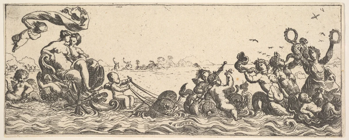 Two Women Sitting in a Shell by Pierre Brebiette, print, 1615-1642