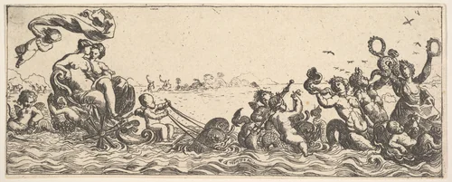 Two Women Sitting in a Shell by Pierre Brebiette, print, 1615-1642