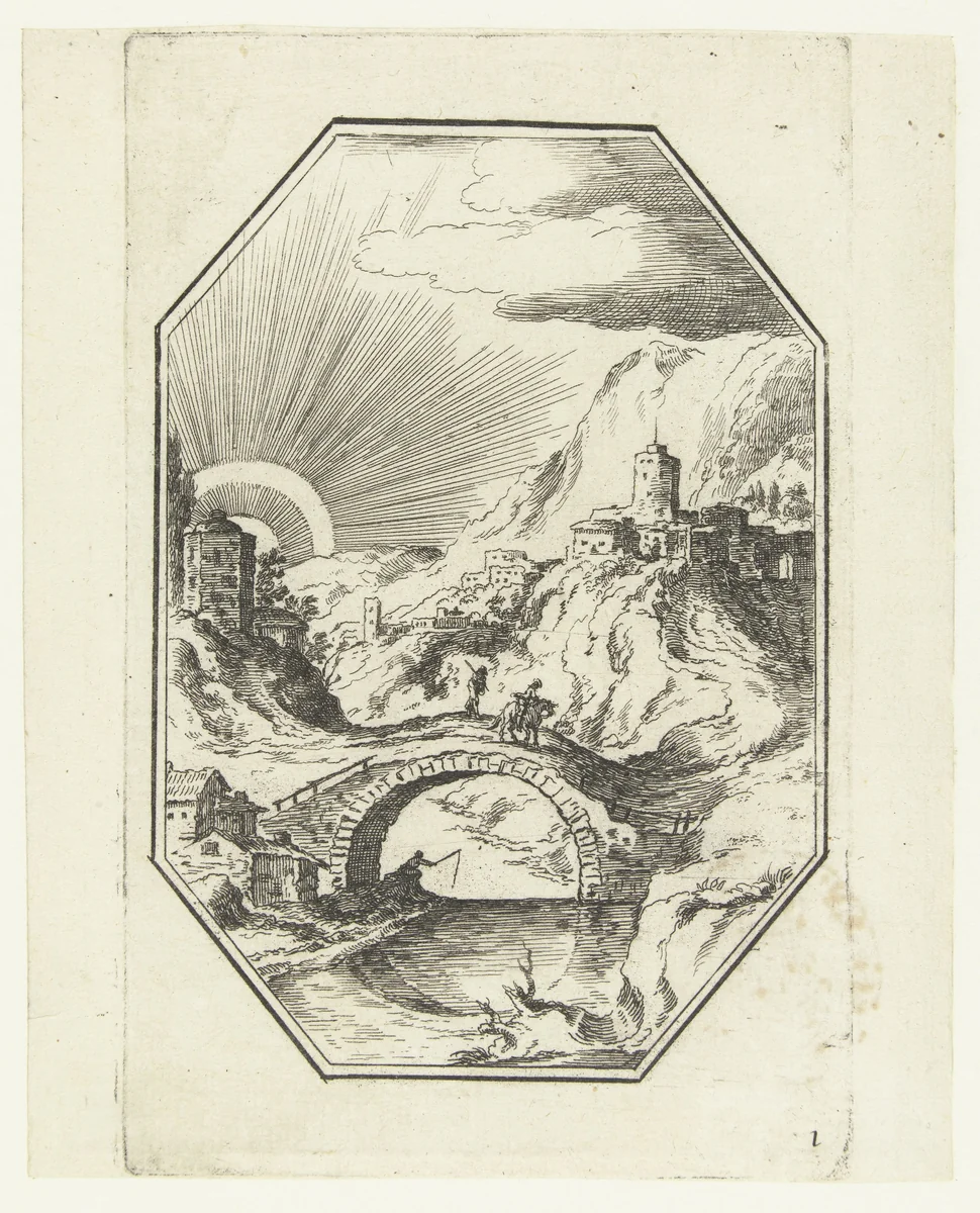 Landschap met stenen brug in octagonaal kader by anonymous, print, 1582-1700