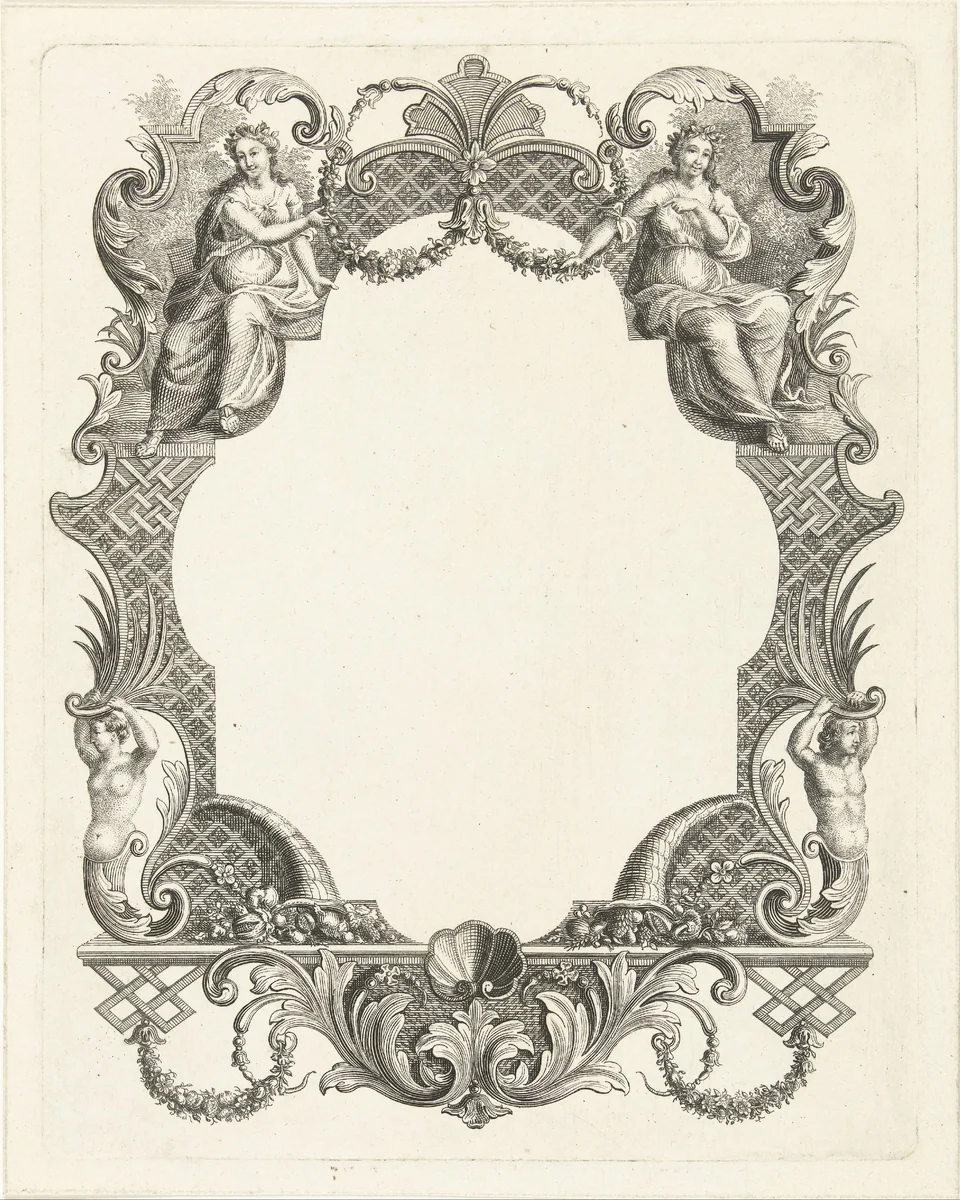 Cartouche met twee vrouwenfiguren en ornamenten by Abraham Delfos, print, 1754