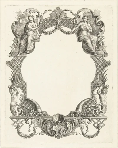 Cartouche met twee vrouwenfiguren en ornamenten by Abraham Delfos, print, 1754