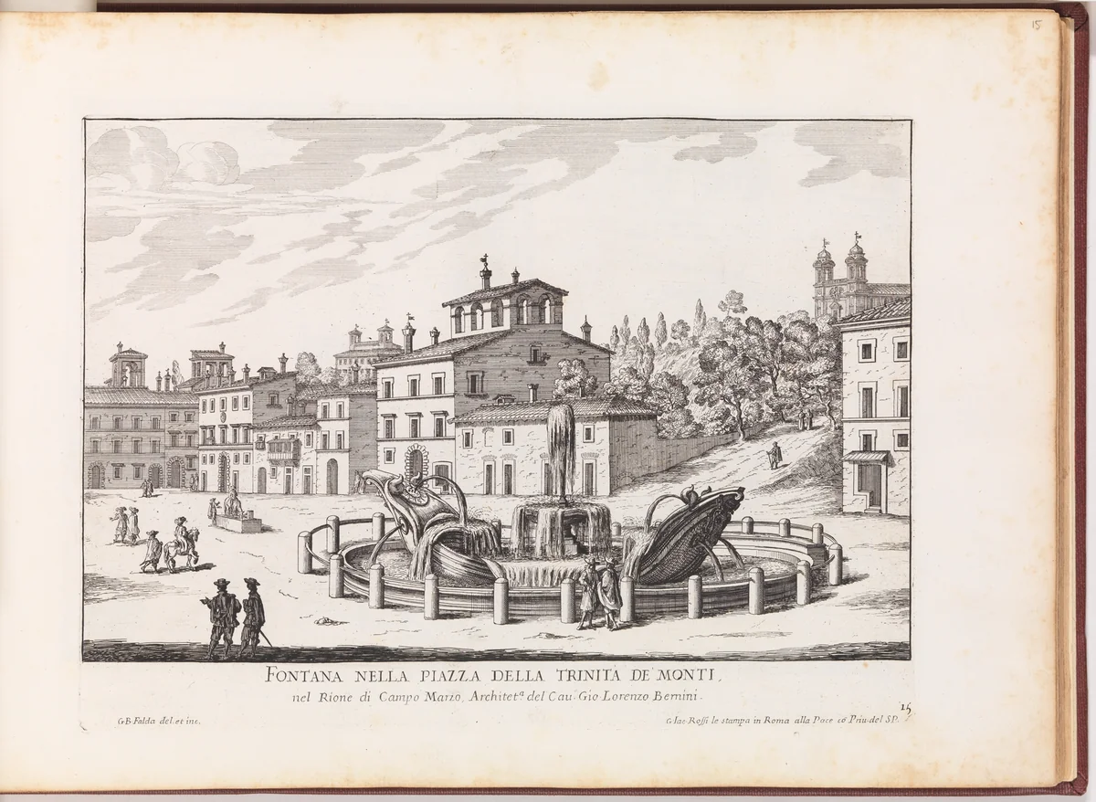 Fontana nella Piazza della Trinita de Monti (...), from "La Fontane di Roma nelle Piazze e Luoghi Publici (...)" by Giovanni Battista Falda, print, 1691