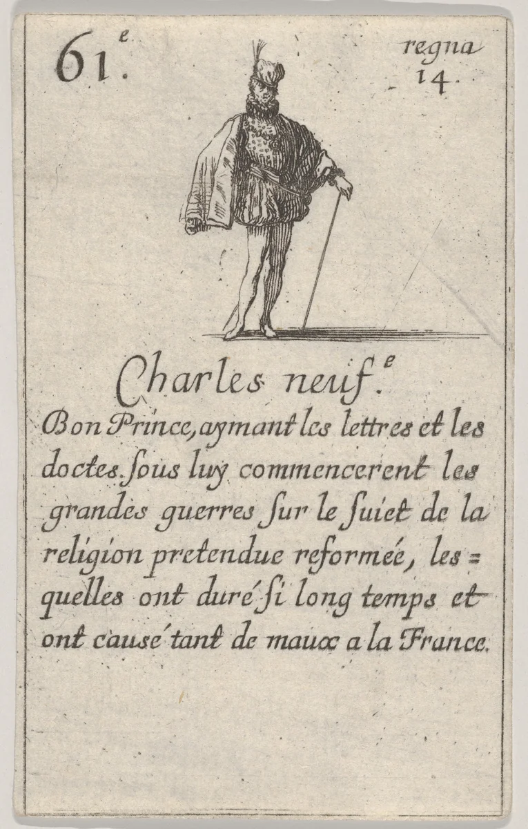 Charles neuf.-e / Bon Prince..., from "Game of the Kings of France" (Jeu des Rois de France) by Stefano della Bella, print, 1644