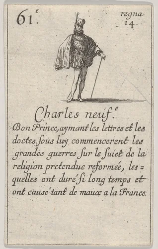 Charles neuf.-e / Bon Prince..., from "Game of the Kings of France" (Jeu des Rois de France) by Stefano della Bella, print, 1644