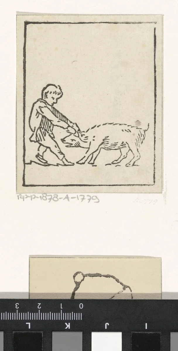 Jongen trekt een varken bij de oren by Vincent van der Vinne van Lee, print, 1808-1876