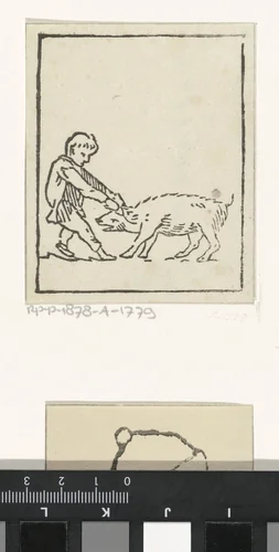 Jongen trekt een varken bij de oren by Vincent van der Vinne van Lee, print, 1808-1876